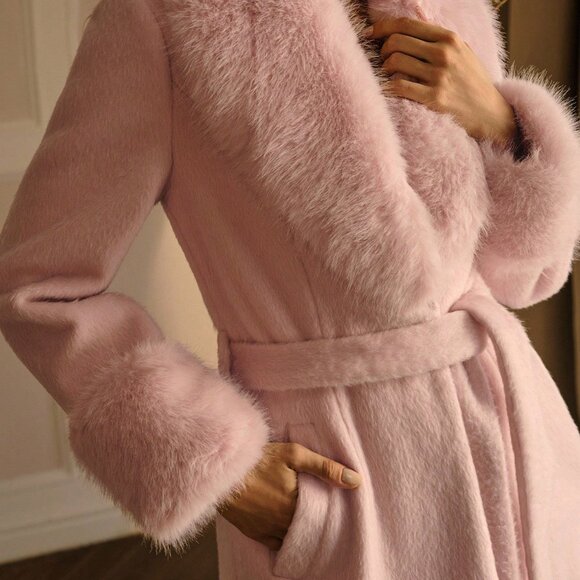 Pink Elegant Women's Contrast Fuzzy Trim Long Coat - Picture 6 of 8